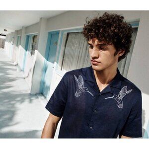 H&M Men's Shirt Sz M‎ Linen Blue Short Sleeve Casual Coastal Beach Travel NEW